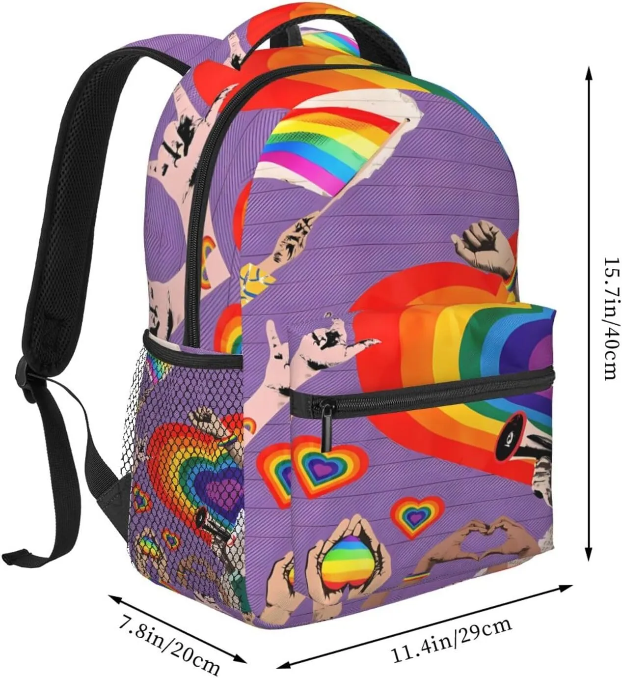 LGBT Rainbow Gay Pride Flag Hearts Love Casual Backpack Laptop Backpacks Outdoor Sports Rucksack Lightweight Daypacks Shoulder Bag with Multiple Pockets for Travel Camping Hiking
