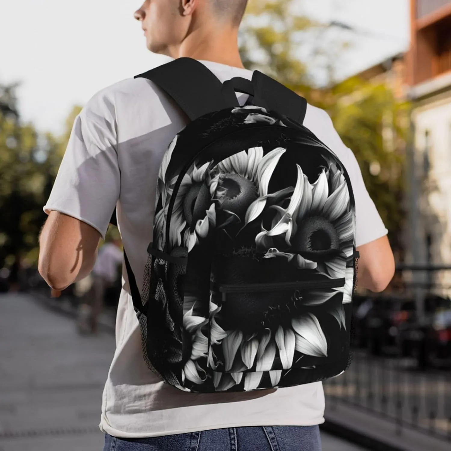 Lightweight Laptop Backpack,Casual Daypack Travel Backpack Bookbag Work Bag for Men and Women-black and white sunflowers
