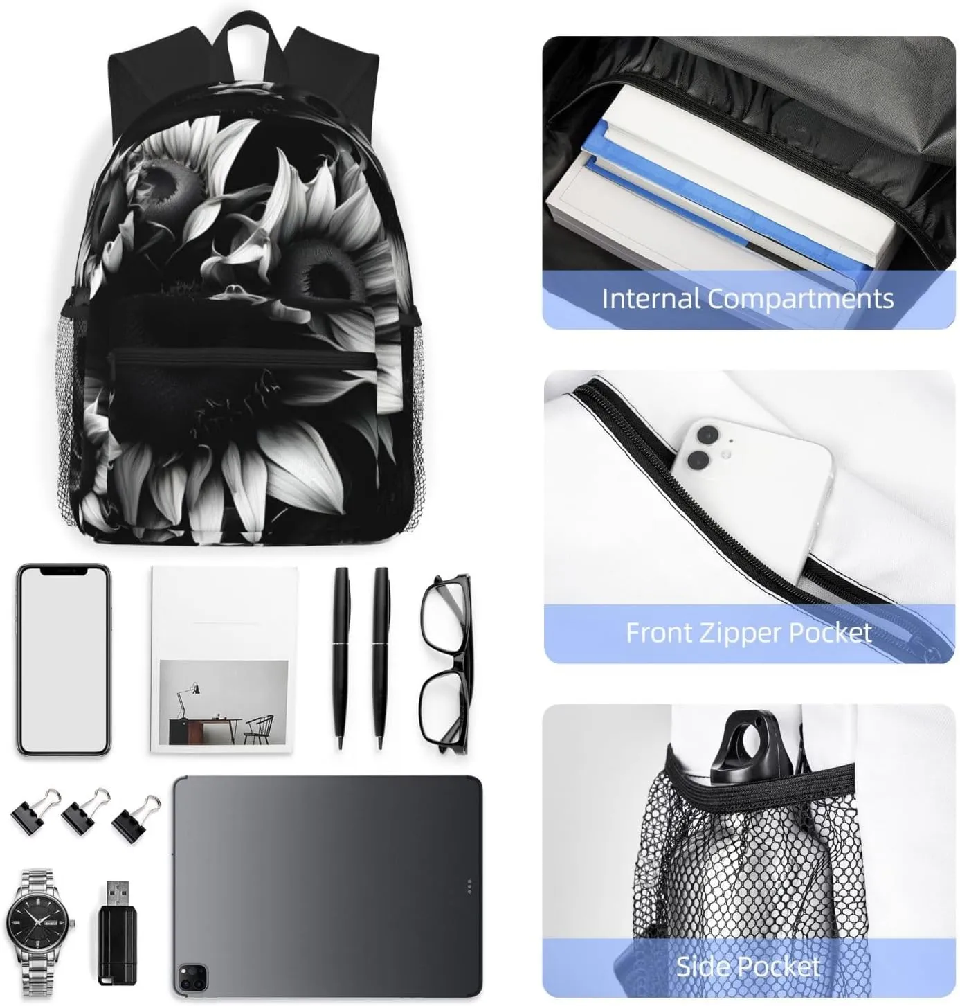 Lightweight Laptop Backpack,Casual Daypack Travel Backpack Bookbag Work Bag for Men and Women-black and white sunflowers