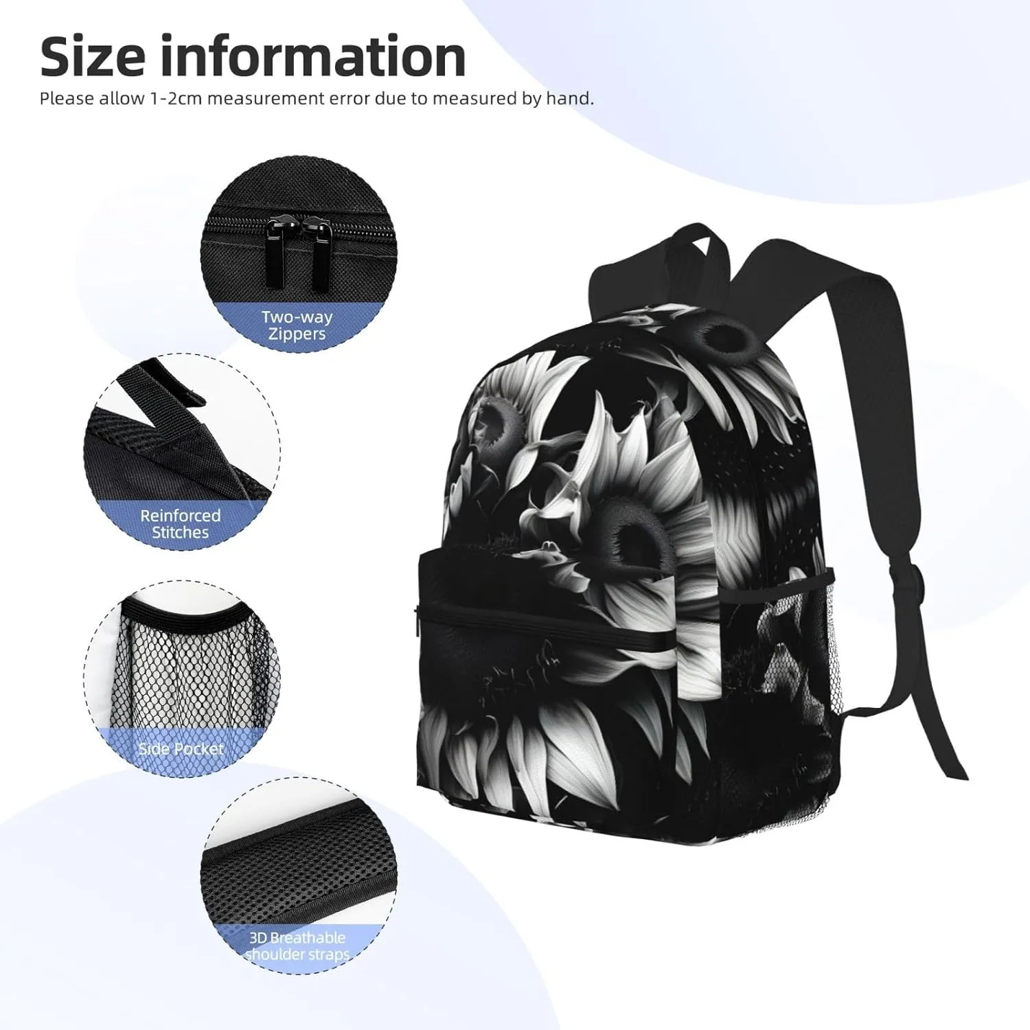 Lightweight Laptop Backpack,Casual Daypack Travel Backpack Bookbag Work Bag for Men and Women-black and white sunflowers