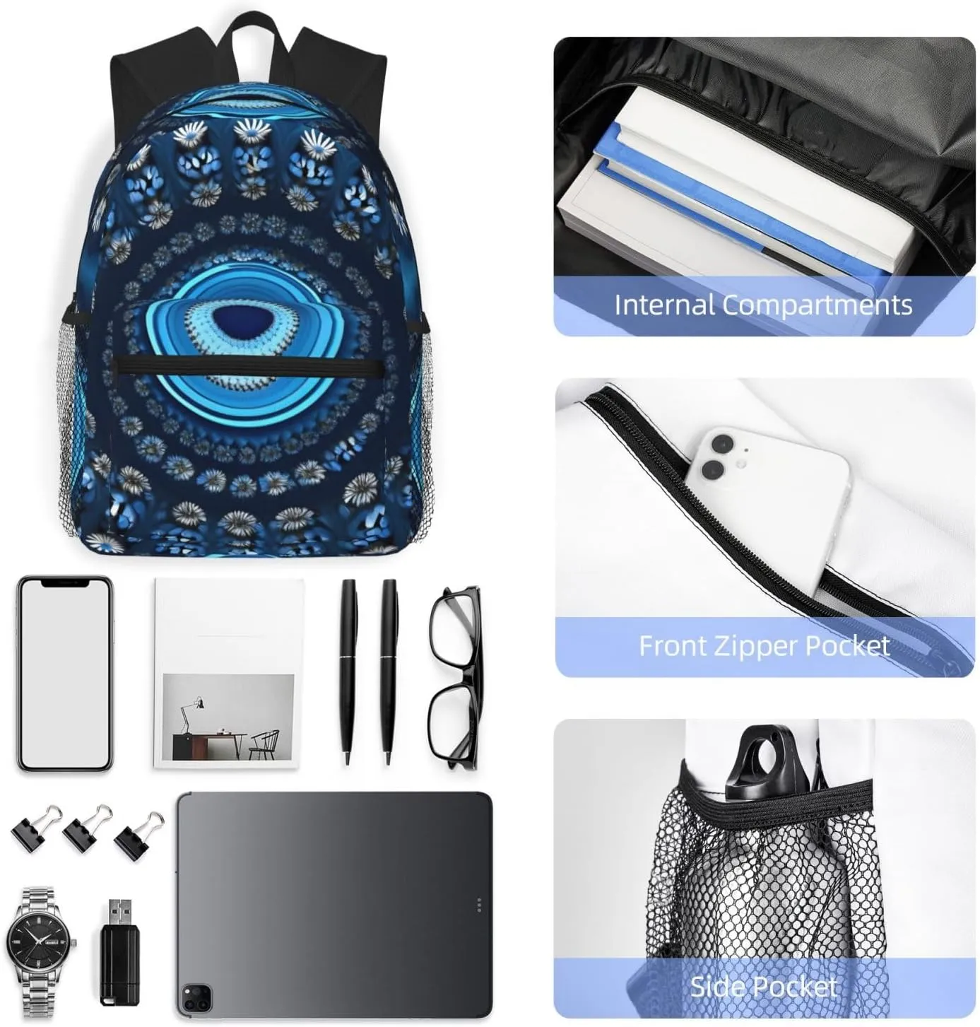 Lightweight Laptop Backpack,Casual Daypack Travel Backpack Bookbag Work Bag for Men and Women-Blue Mini Flower Swirl