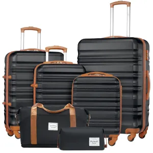 LONG VACATION Luggage Set 4 Piece Luggage ABS hardshell TSA Lock Spinner Wheels Luggage Carry on Suitcase (BLACK-BROWN, 6 piece set)