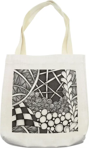 Lunarable Abstract Tote Bag, Monochrome Zentangle Pattern Flowers Spirals Dots Squares Lines Modern, Cloth Linen Reusable Bag for Shopping Books Beach and More, 16.5" X 14", Cream
