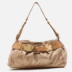 Metallic Beige Leather Buckle Satchel