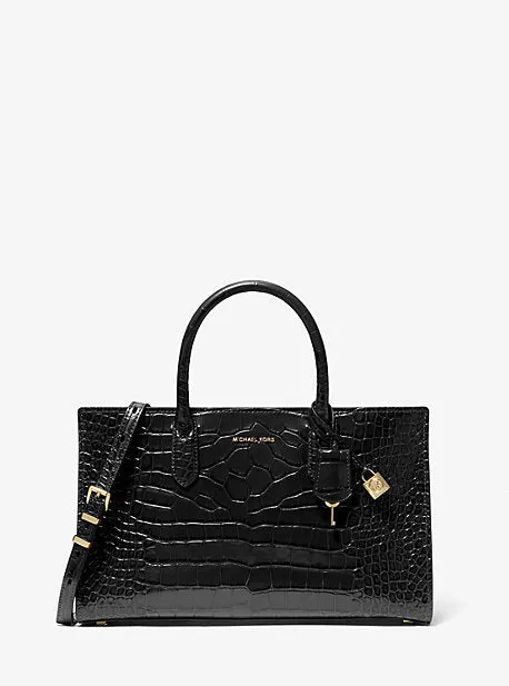 MK Scarlett Medium Crocodile Embossed Patent Leather Satchel - Black - Michael Kors