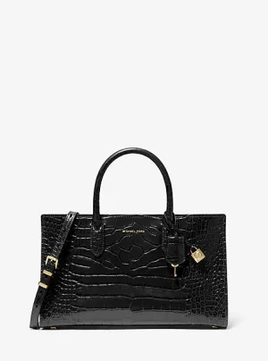 MK Scarlett Medium Crocodile Embossed Patent Leather Satchel - Black - Michael Kors