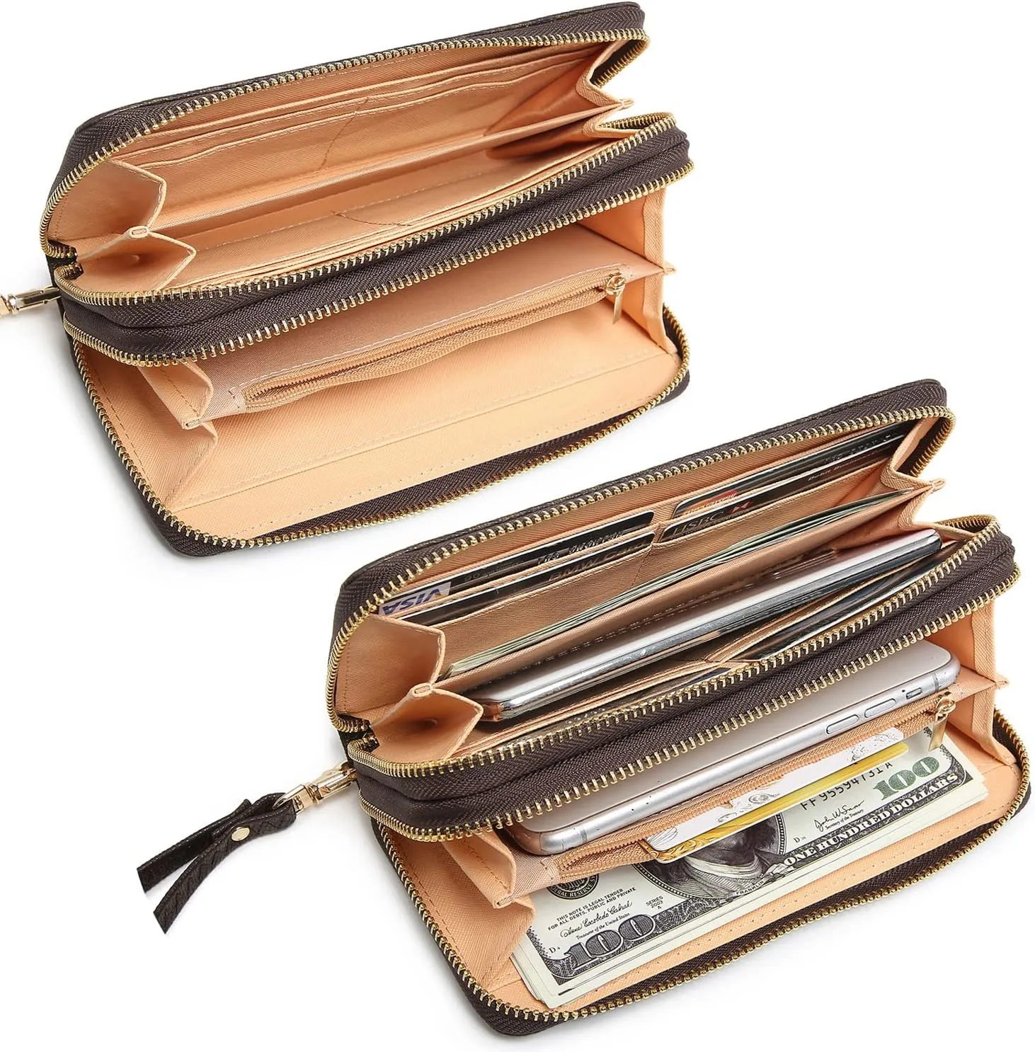 MKP COLLECTION Womens Fashion Double Zip Around Wallet Long Purse Credit Card Holder Bifold Ladies Cluth Wristlet Wrist Strap