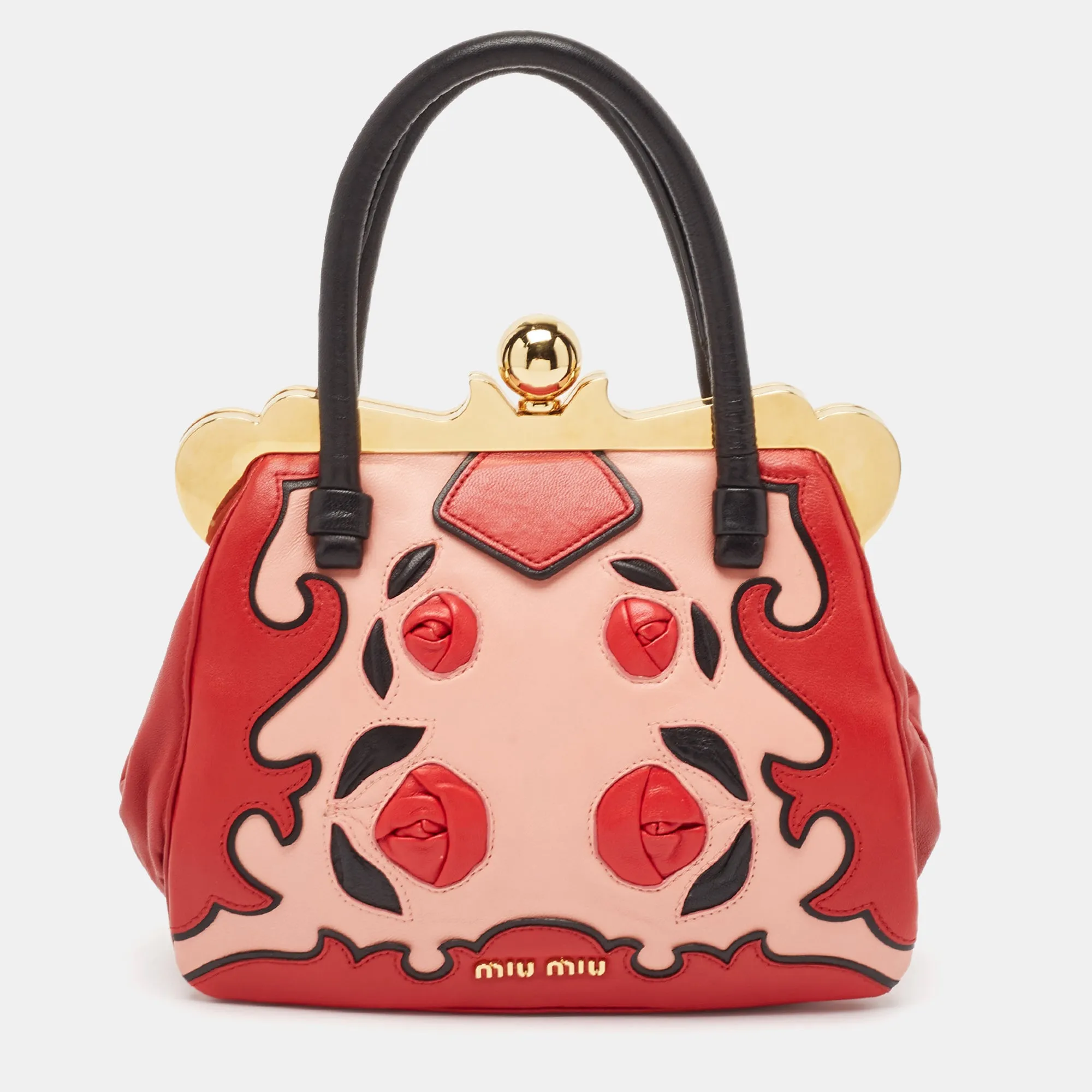 Multicolor Leather Floral Patchwork Frame Satchel