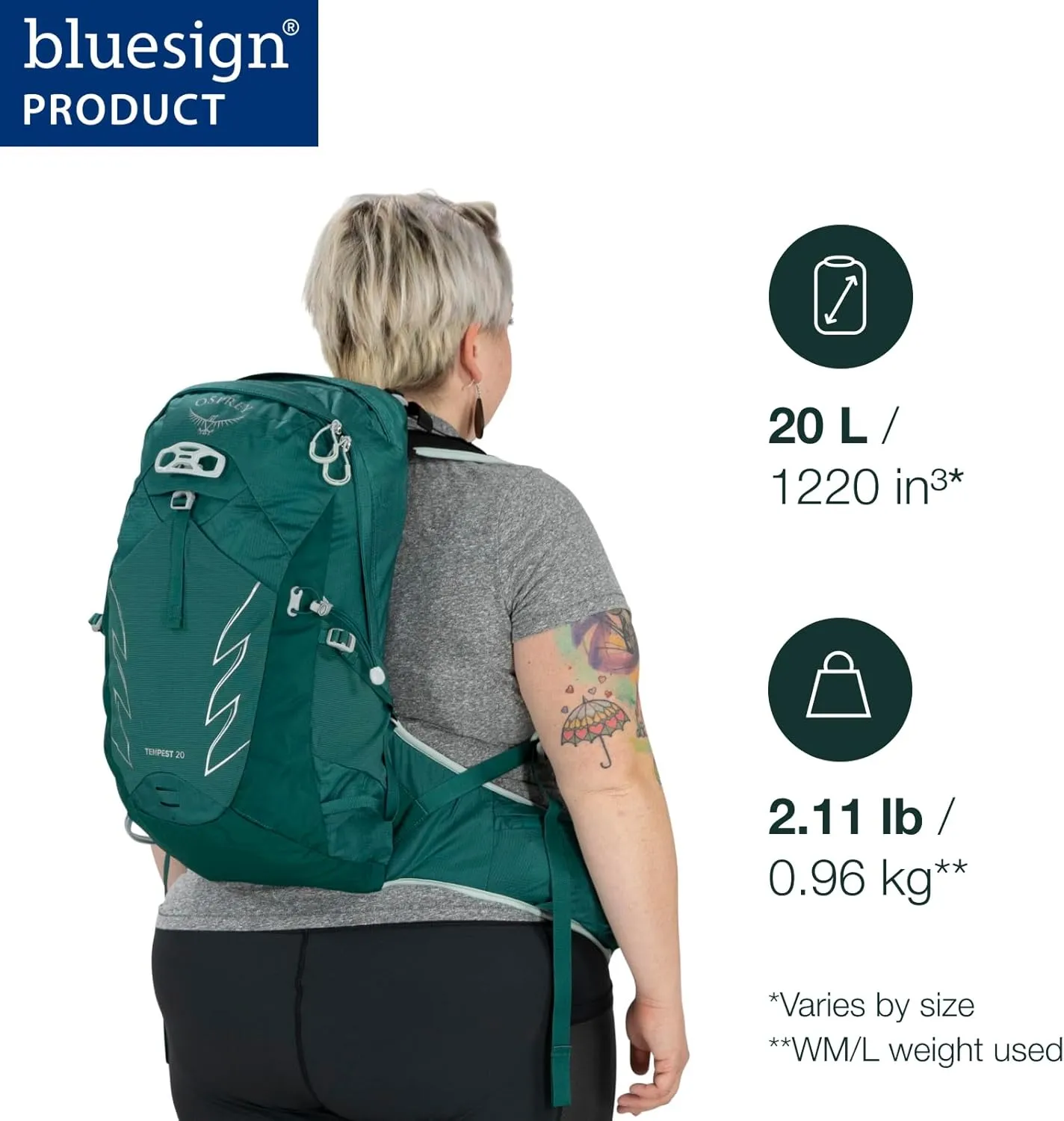Osprey Tempest 20L Women's Hiking Backpack with Hipbelt, Jasper Green, WXS/S, Extended Fit