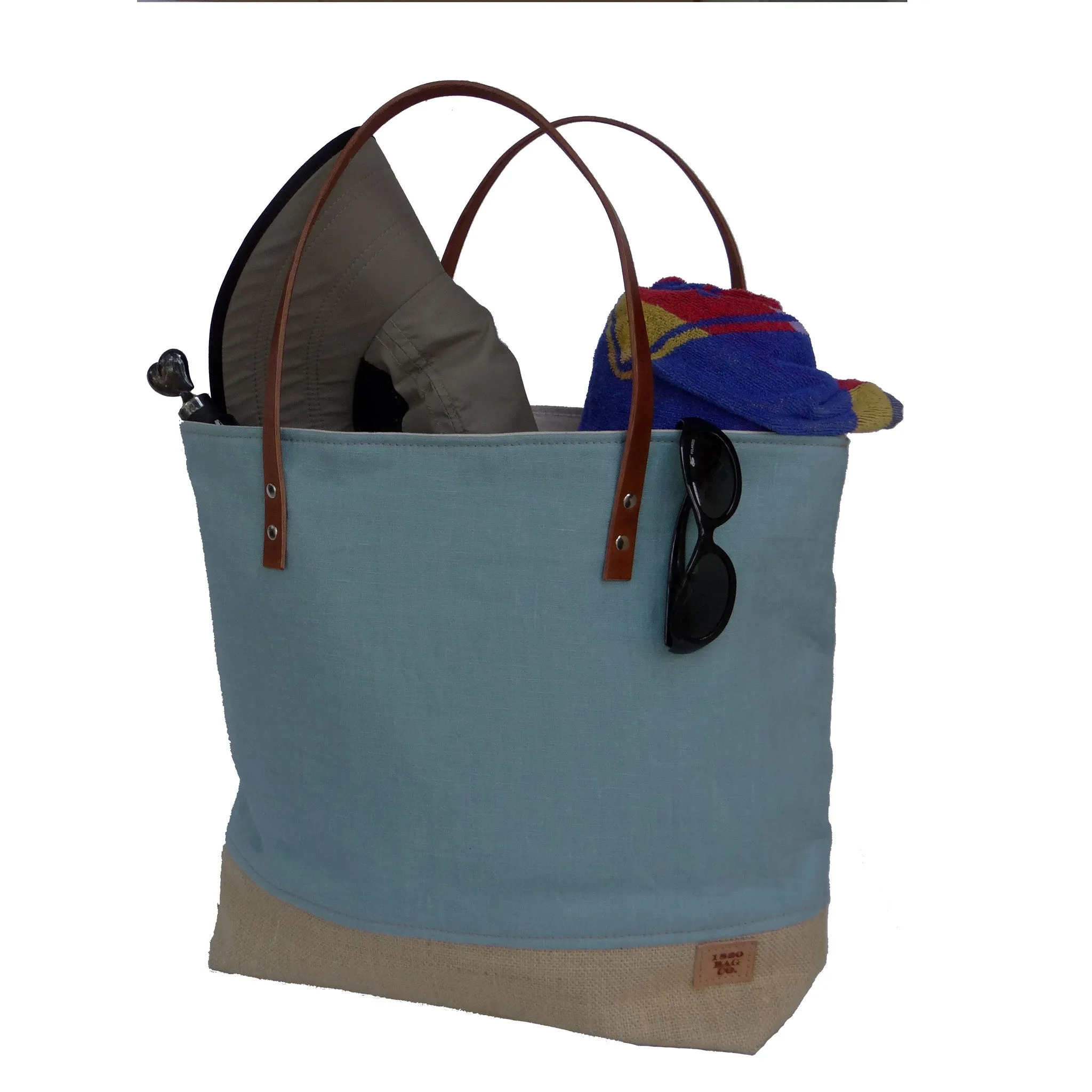 Panama Linen and Burlap Large Tote Bag - Blue and Beige