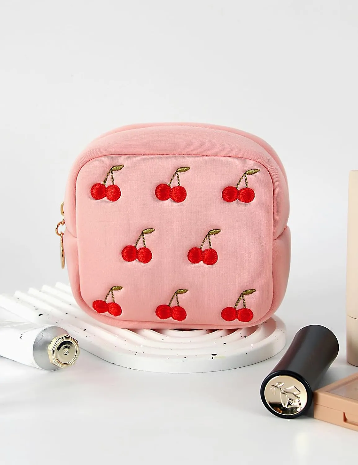 Pink Waterproof Mini Makeup Bag,Small Embroidery Period Bag for Women Girls,Cute Zipper Storage For Work