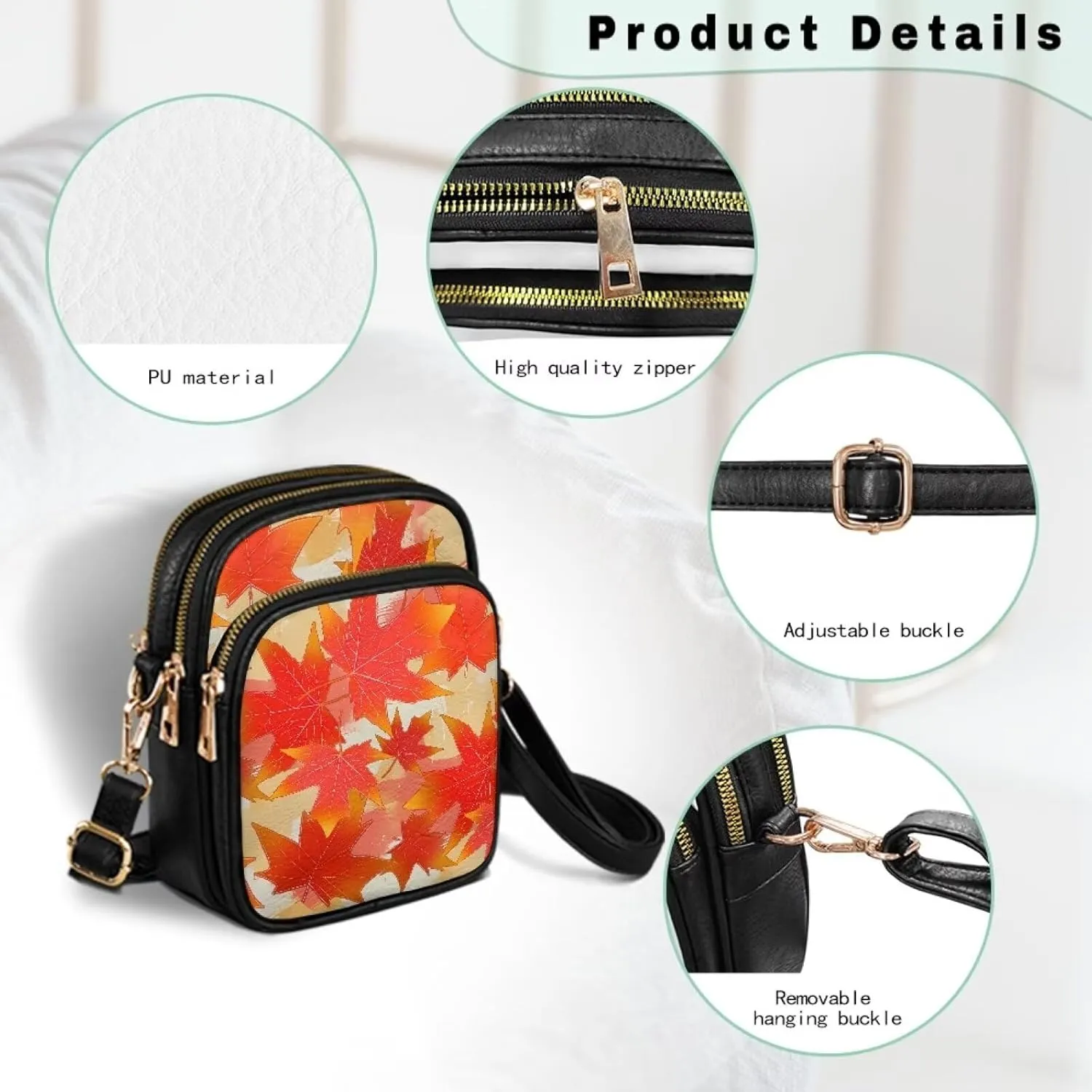 Small Leather Crossbody Bag for Women, Leaf Flowers PU Leather Cell Phone Purse Handbag with Adjustable Strap