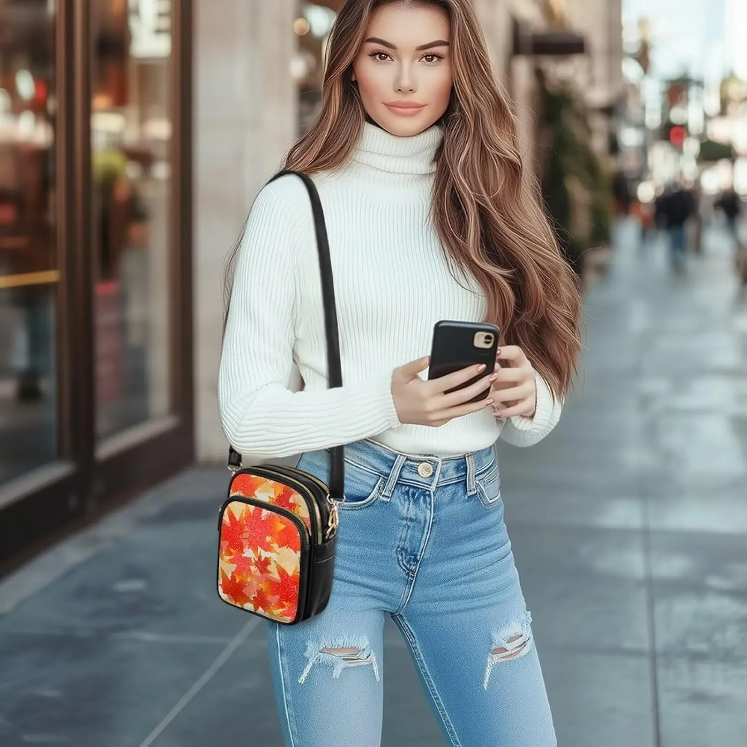 Small Leather Crossbody Bag for Women, Leaf Flowers PU Leather Cell Phone Purse Handbag with Adjustable Strap