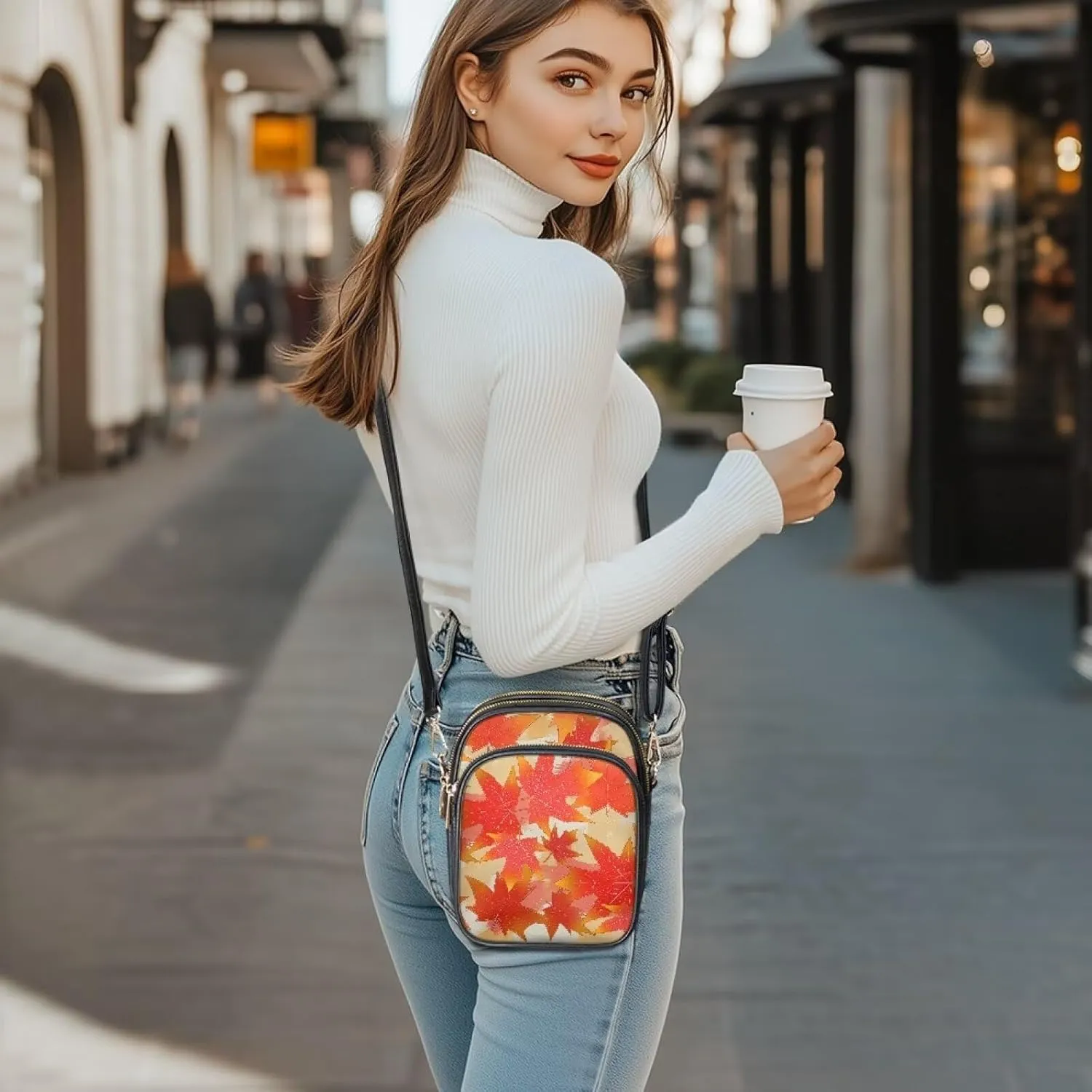 Small Leather Crossbody Bag for Women, Leaf Flowers PU Leather Cell Phone Purse Handbag with Adjustable Strap