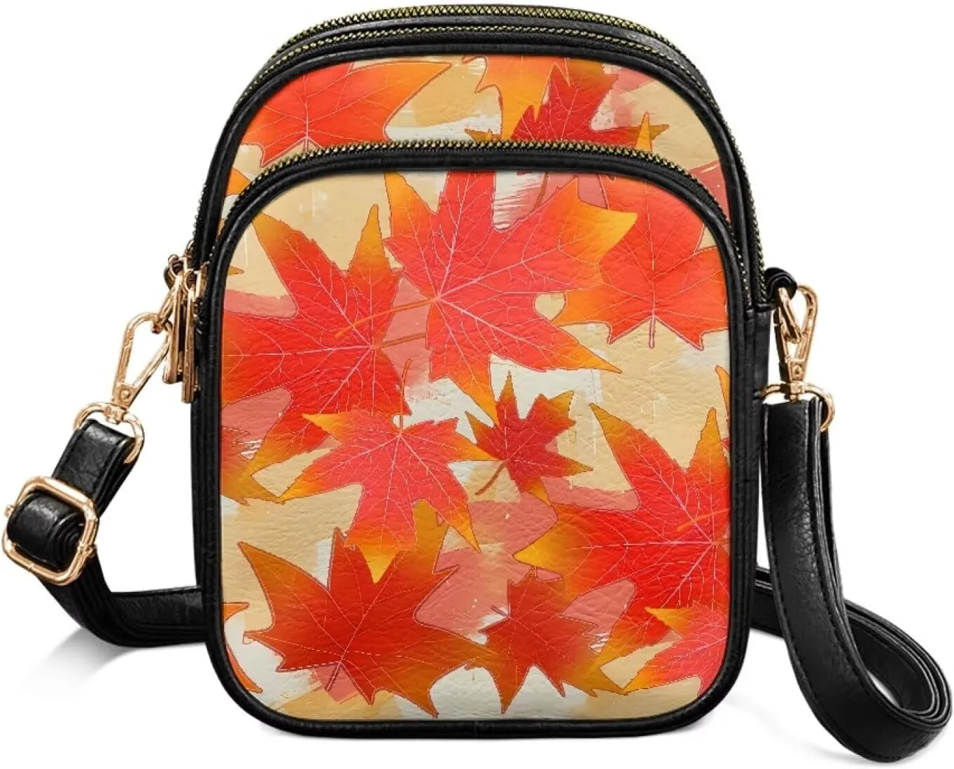 Small Leather Crossbody Bag for Women, Leaf Flowers PU Leather Cell Phone Purse Handbag with Adjustable Strap