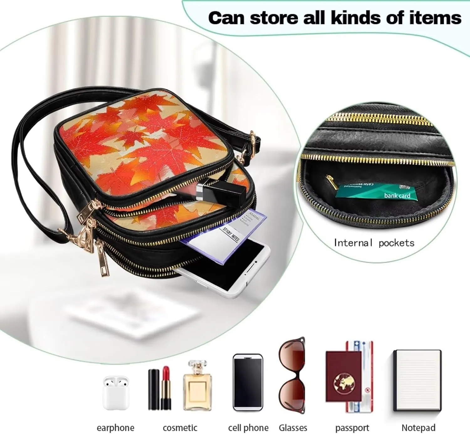 Small Leather Crossbody Bag for Women, Leaf Flowers PU Leather Cell Phone Purse Handbag with Adjustable Strap