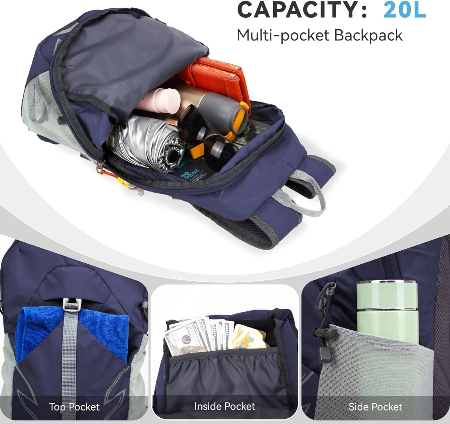 Small Lightweight Hiking Backpack20L Foldable Hiking Daypack Cycling Hydration Backpack Travel Camping Bag