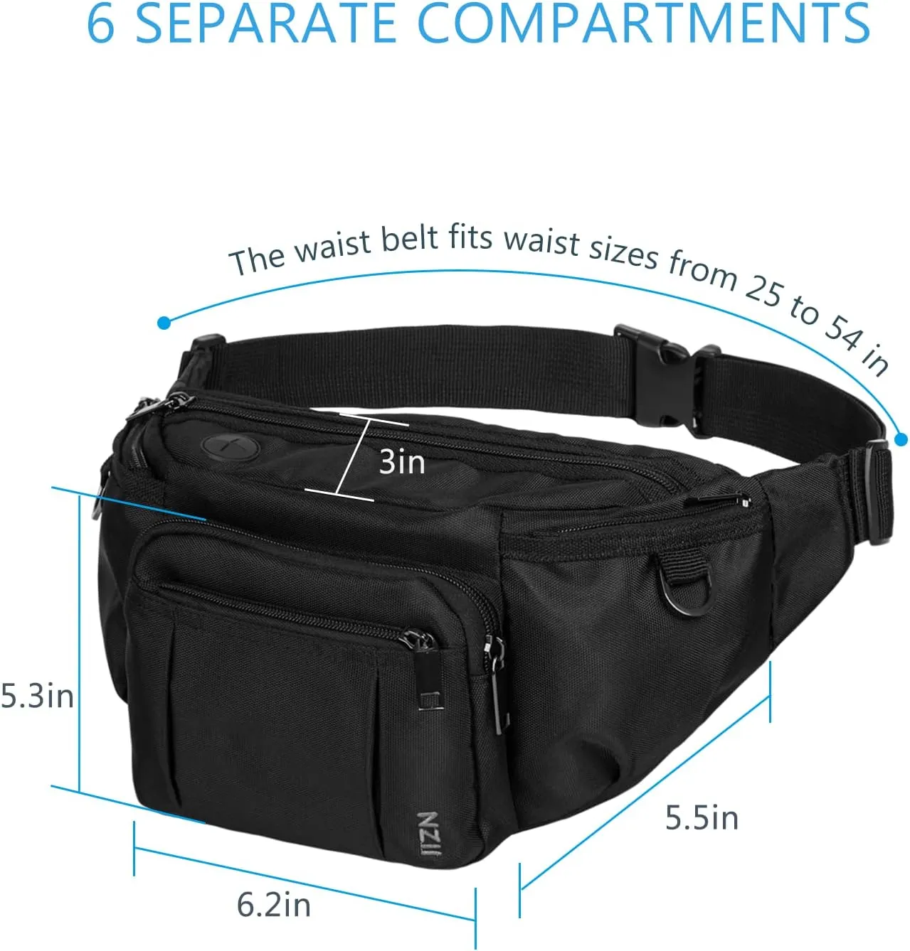 Sports Fanny Pack for Men Women, Outdoor Waist Pack Bag with 6 Zipper Pockets, Super Capacity Bum Bag with Adjustable Belt for Traveling Hiking Cycling Workout Casual