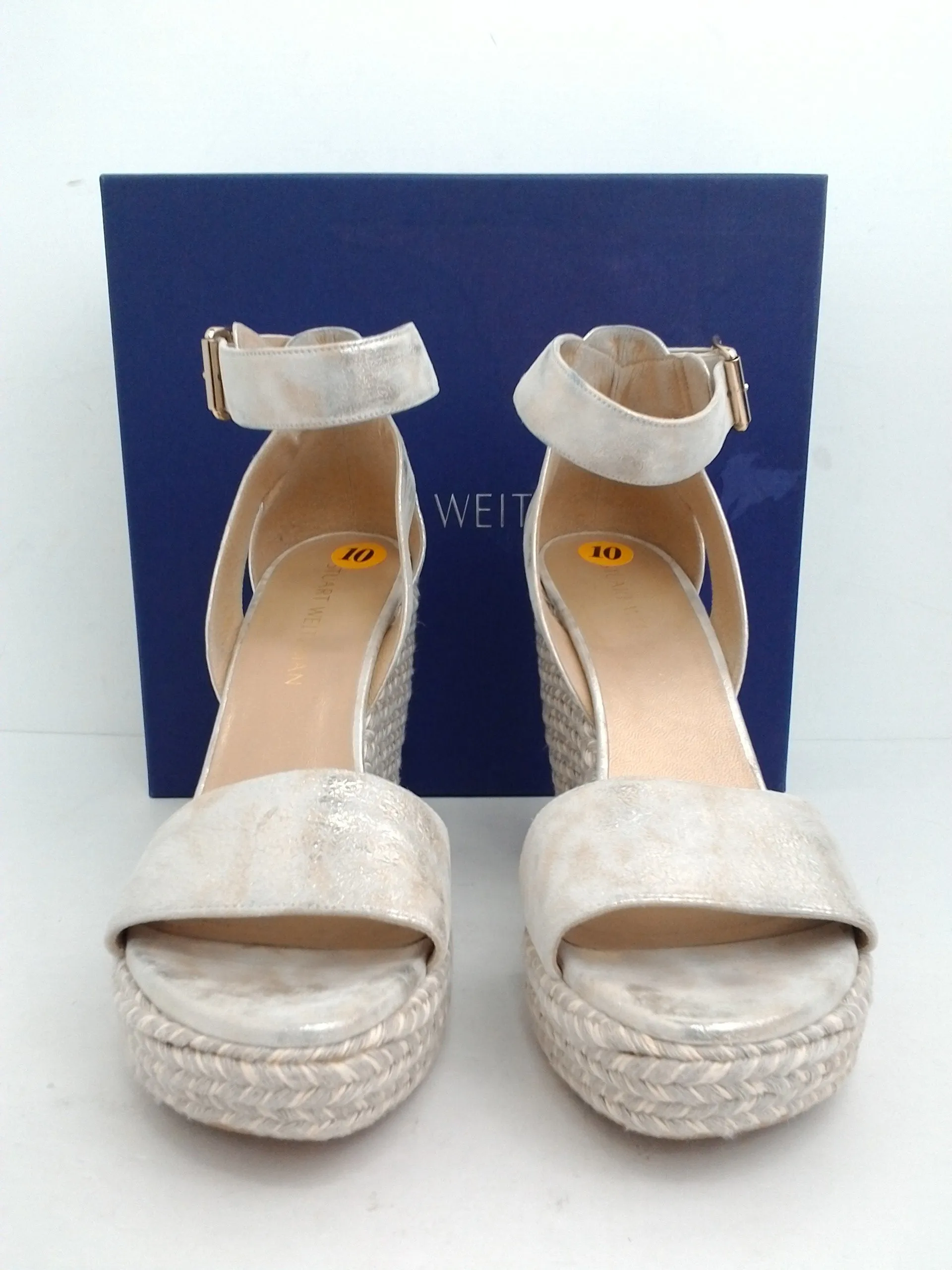Stuart Weitzman Mostly Pale Gold Clouded Nap Wedge Espadrille Sandal Size 10 M