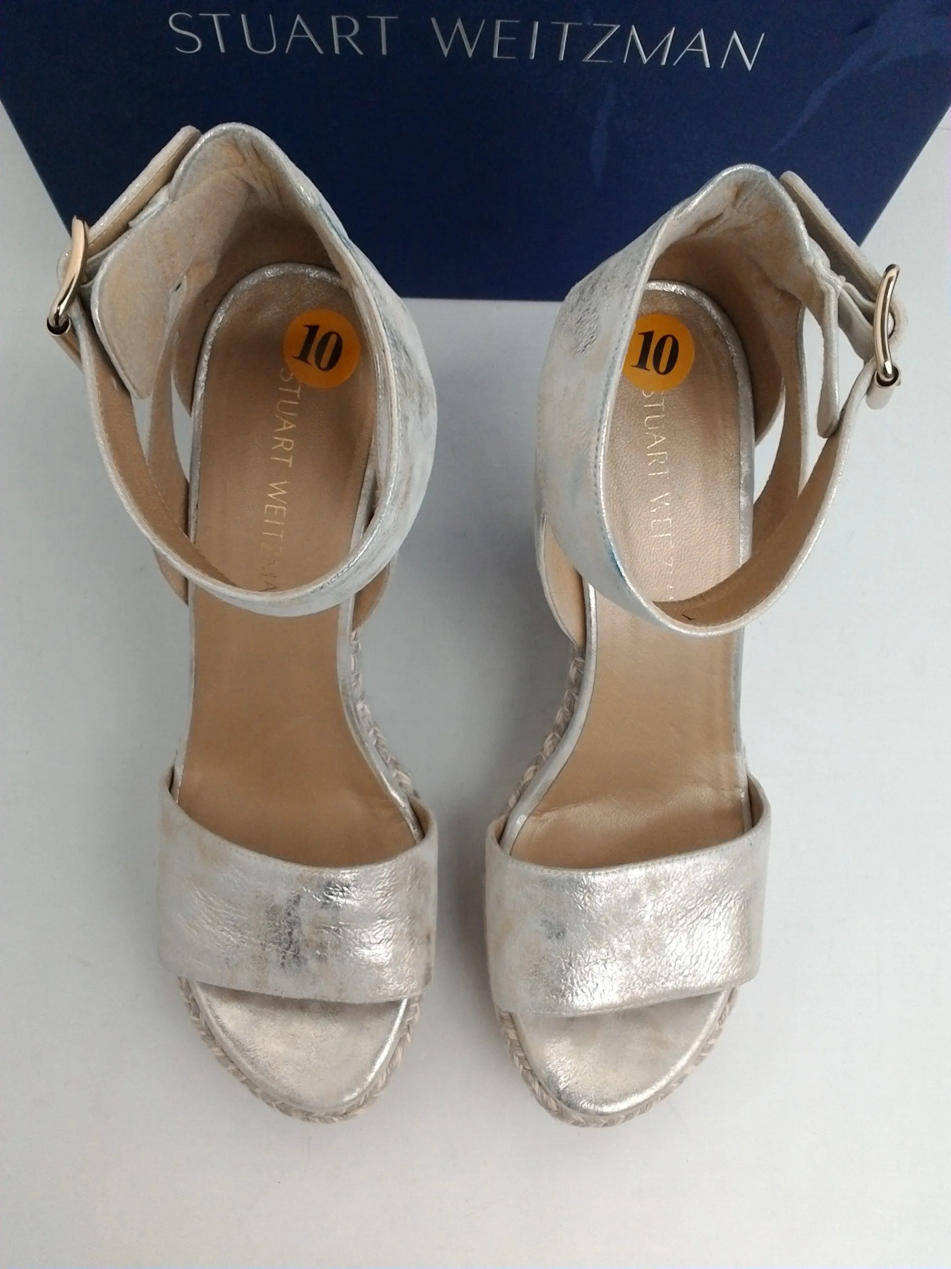 Stuart Weitzman Mostly Pale Gold Clouded Nap Wedge Espadrille Sandal Size 10 M