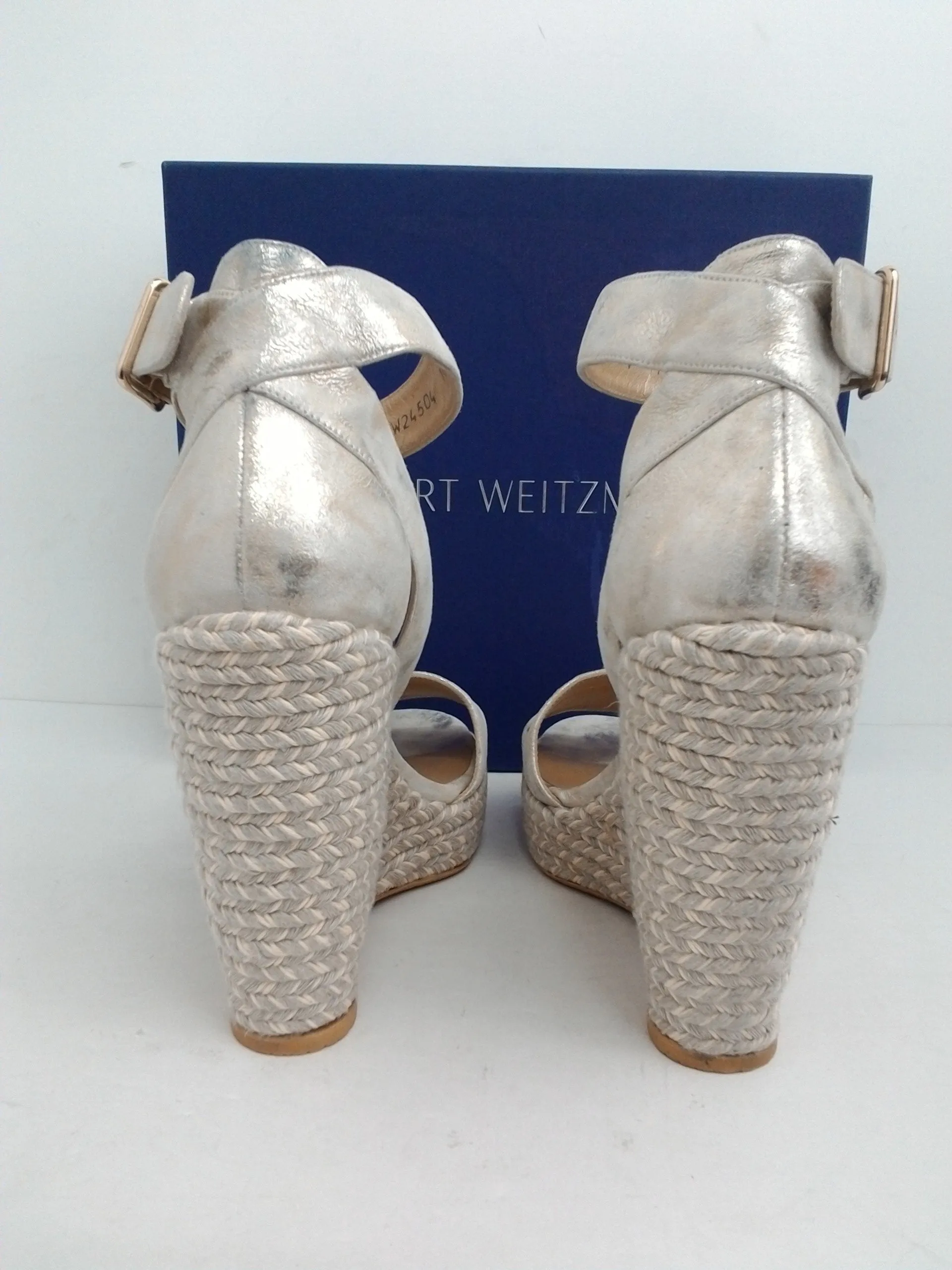 Stuart Weitzman Mostly Pale Gold Clouded Nap Wedge Espadrille Sandal Size 10 M