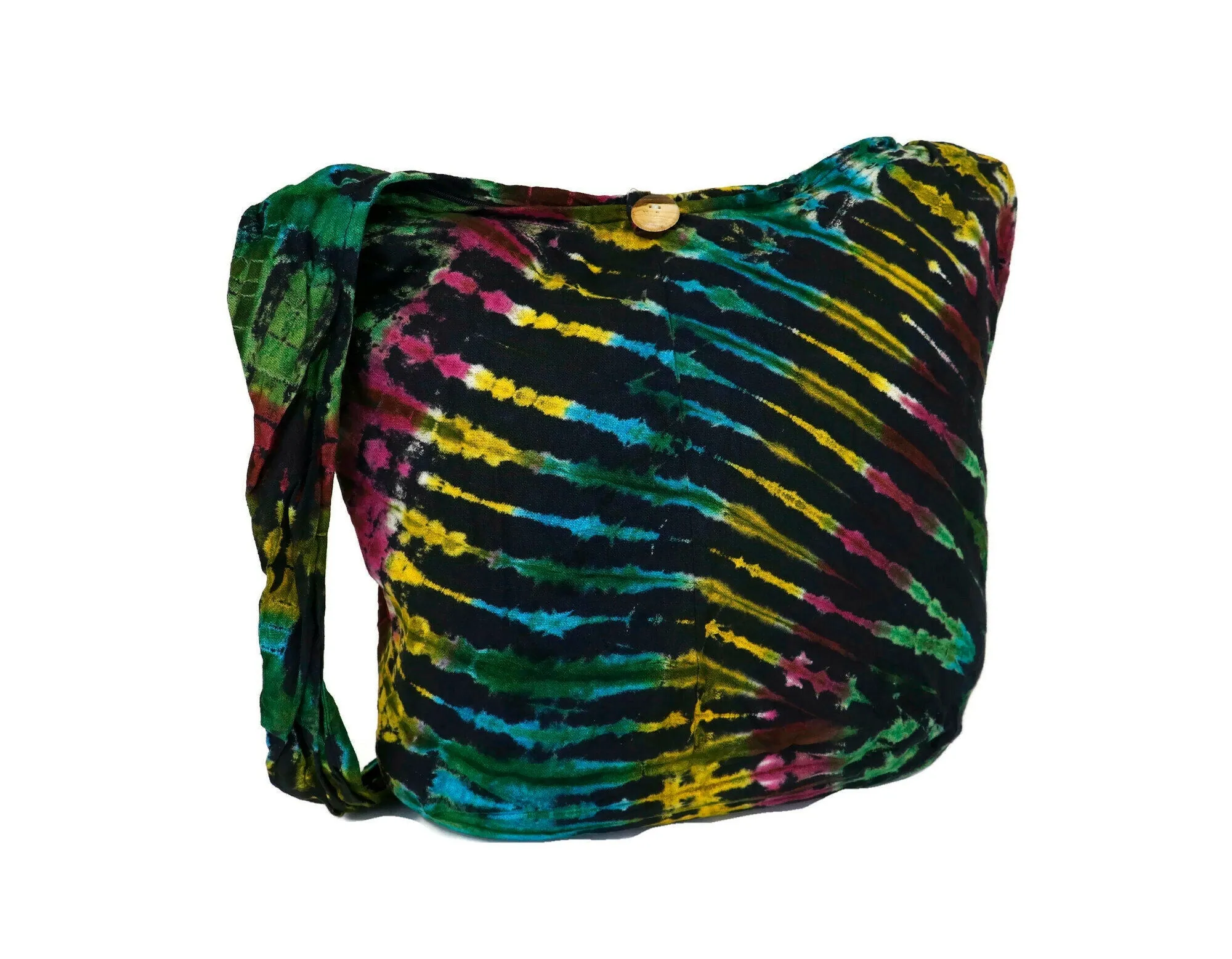 Tie Dye Purse Unisex Handmade Boho hippie Bohemian sling Cotton Shoulder Crossbody Messenger Bag Top zipper/pocket zipper Rainbow