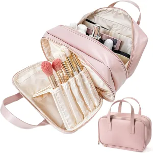 Travel Makeup Bag for Women - Beauty Cosmetic Bag with Brush Storage, Large Capacity Portable Waterproof PU Leather Zipper Toiletry Pouch with Divider and Handle for Girl Birthday Gift (Pink)