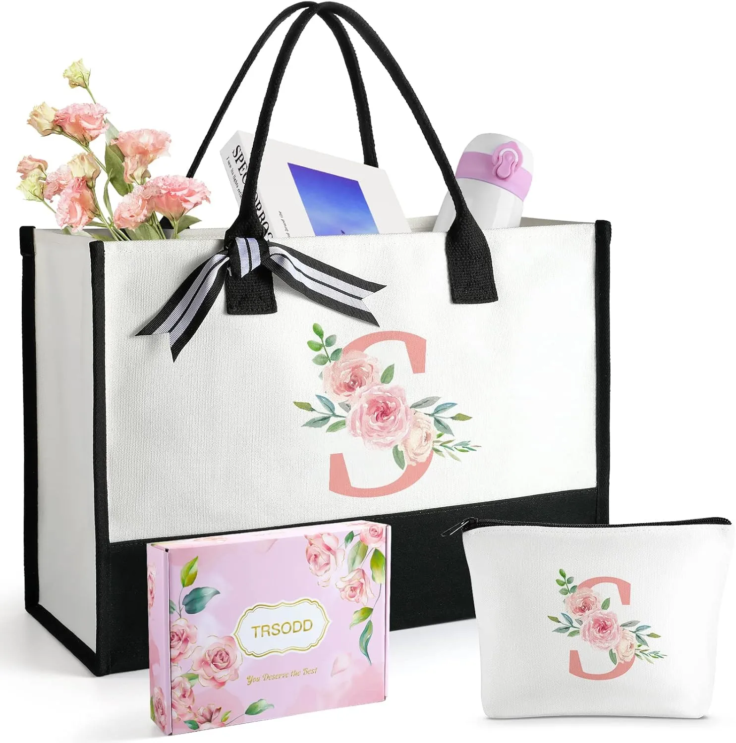 TRSODD Birthday Gifts for Women Mothers Day Gifts for Mom Wife Grandma Daughter Sister Teacher Appreciation Tote Bag and Makeup Bag Set S
