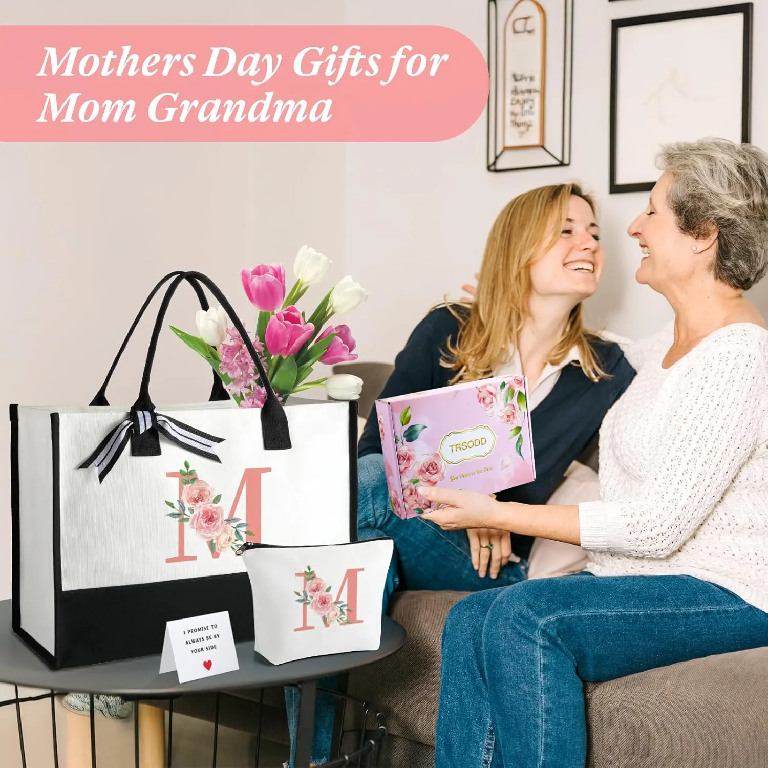 TRSODD Birthday Gifts for Women Mothers Day Gifts for Mom Wife Grandma Daughter Sister Teacher Appreciation Tote Bag and Makeup Bag Set S