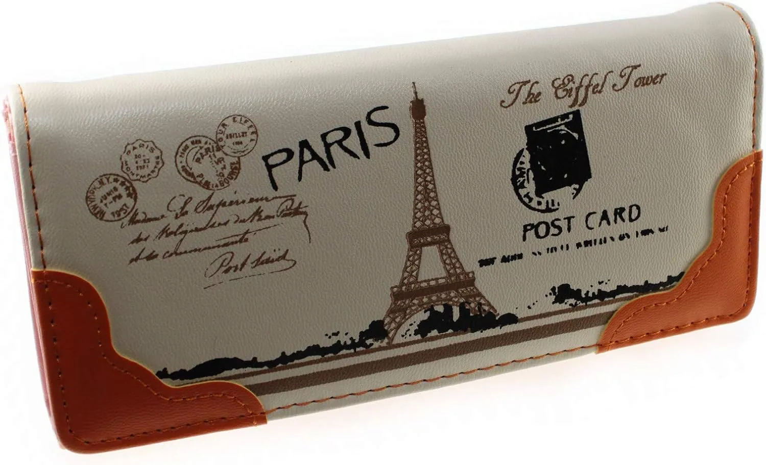 Vintage Style PU Leather Cute Paris Effiel Tower Cartoon Trifold Wallet Cash Coin Long Purse Card Holder for Women & Girls (Orange)