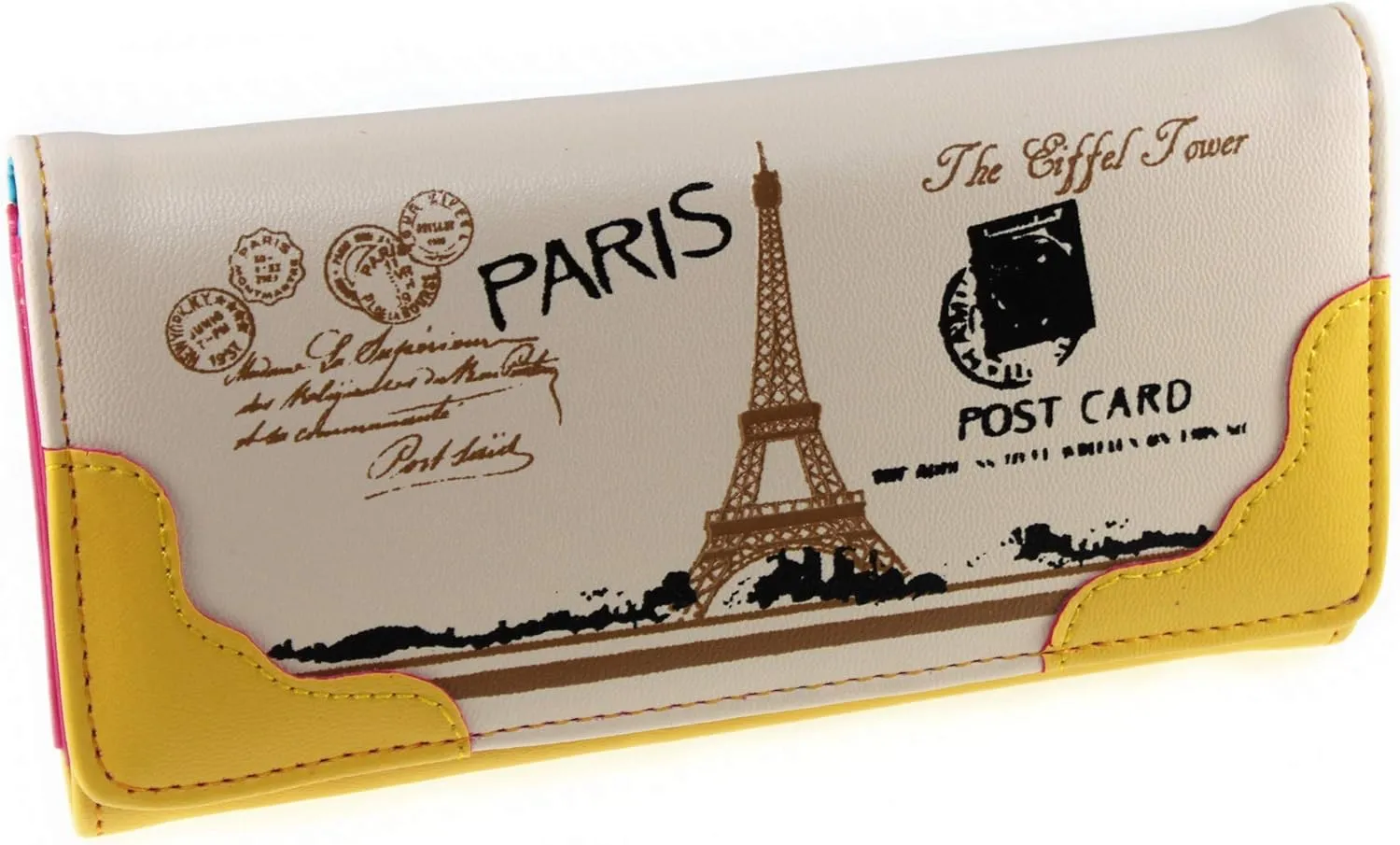 Vintage Style PU Leather Cute Paris Effiel Tower Cartoon Trifold Wallet Cash Coin Long Purse Card Holder for Women & Girls (Yellow)