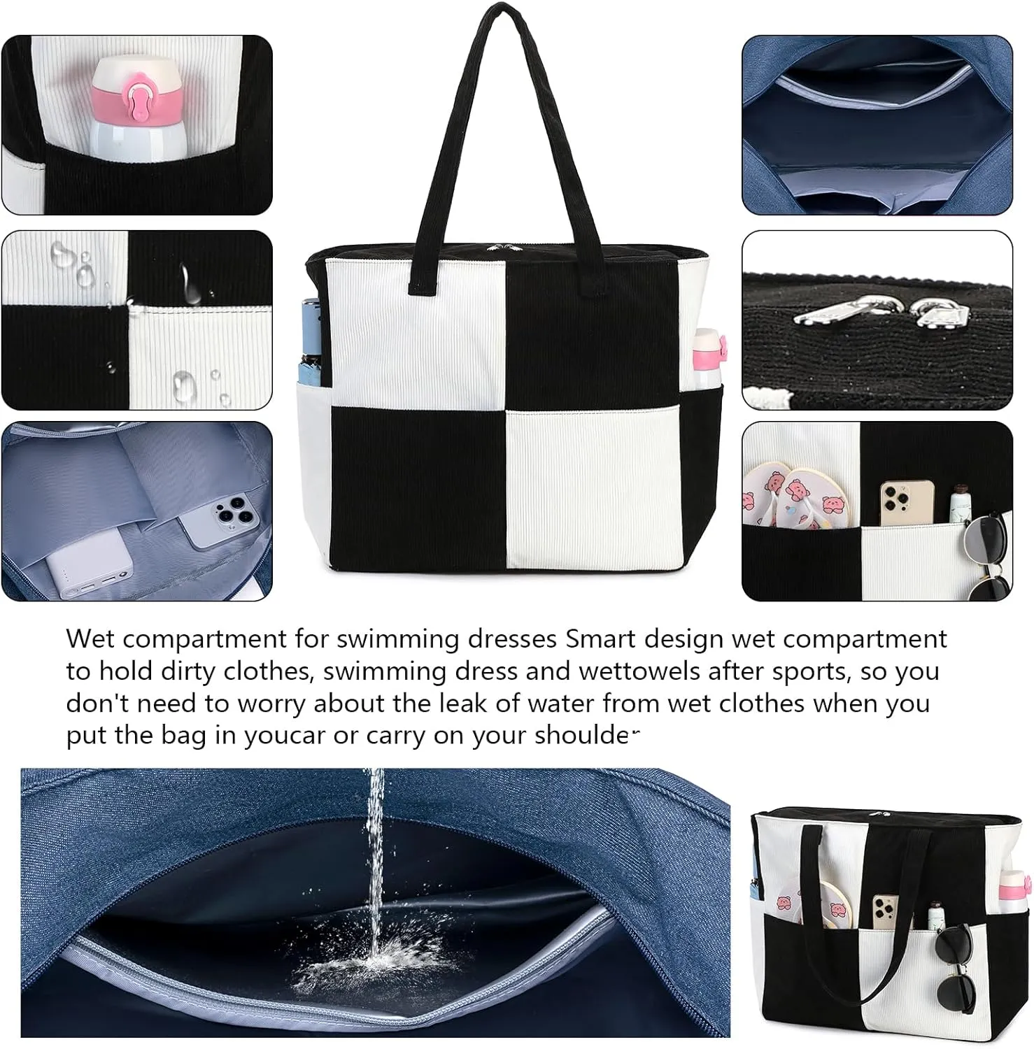 Waterproof Beach Tote Pool Bags for Women Ladies Extra Large Gym Tote Carry On Bag With Wet Compartment for Weekender Travel