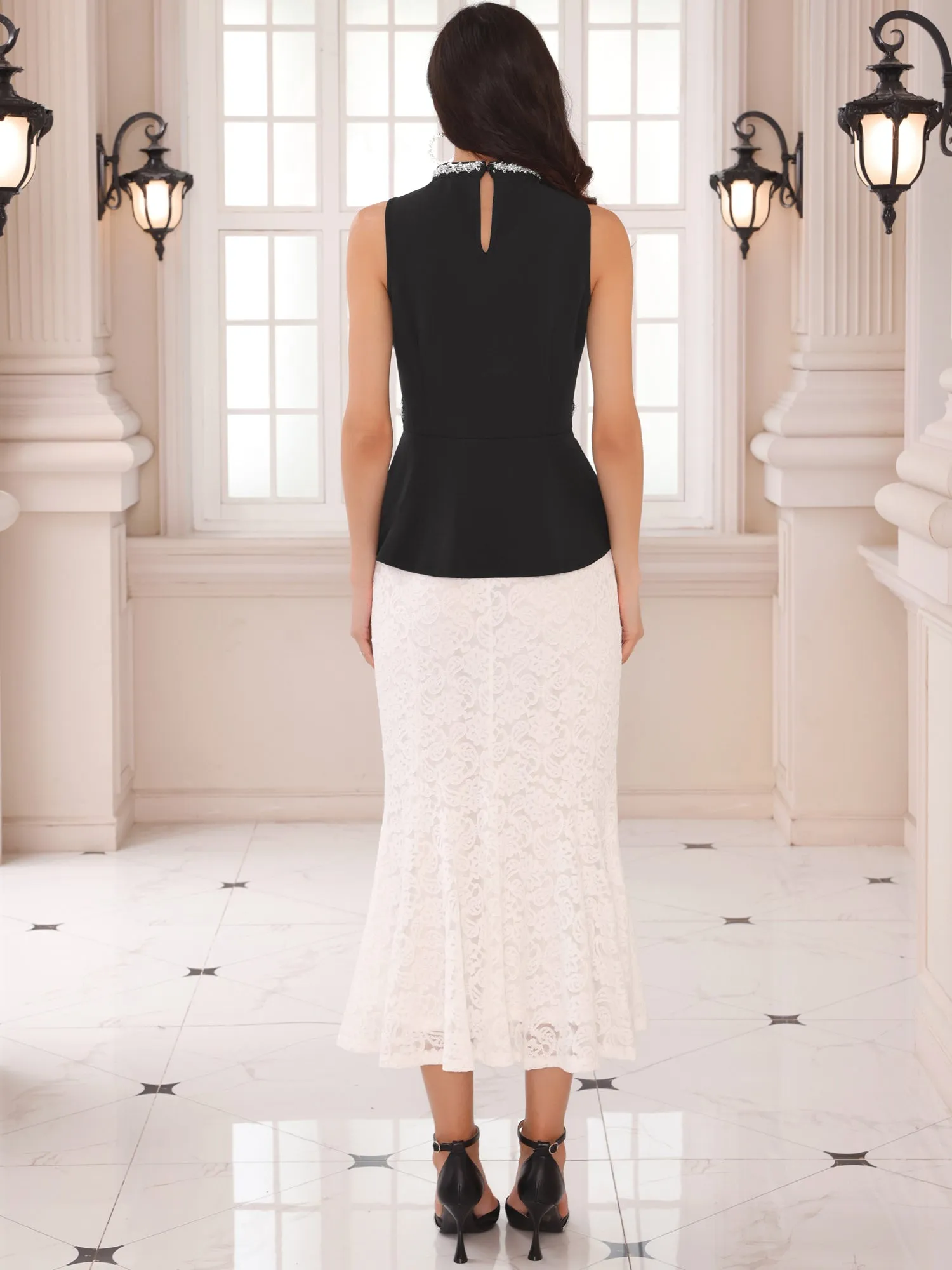 Women's Halter Tops Beaded Mock Neck Keyhole Sleeveless Cocktail Peplum Blouse