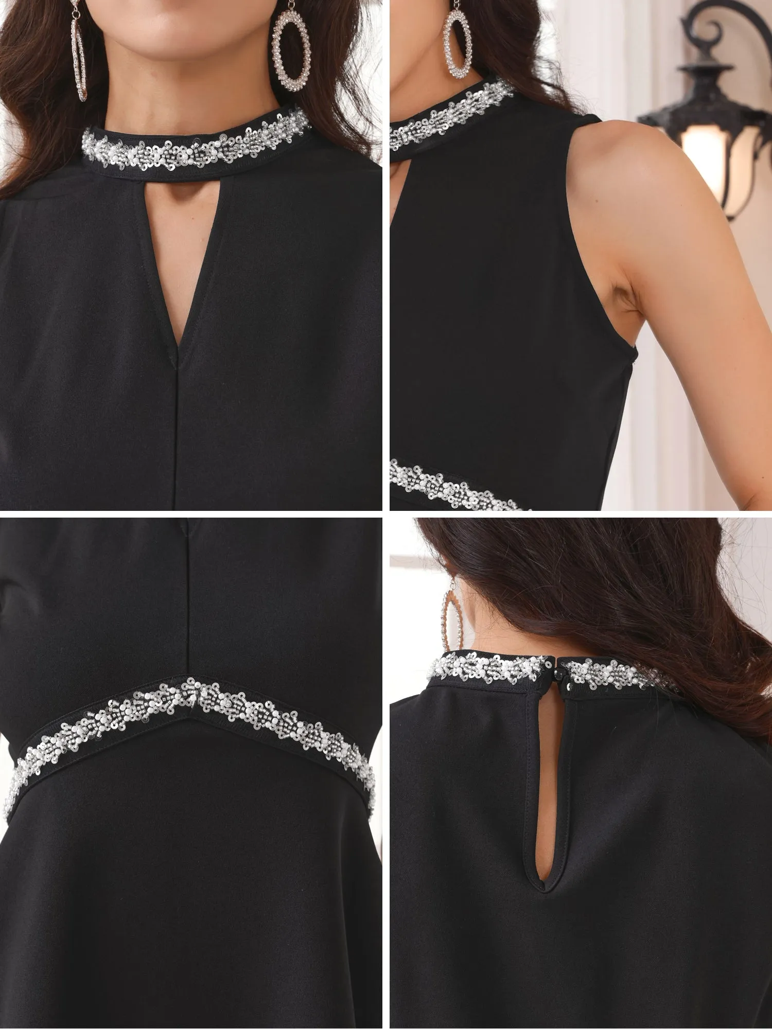 Women's Halter Tops Beaded Mock Neck Keyhole Sleeveless Cocktail Peplum Blouse