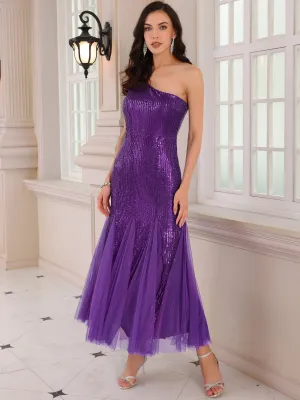 Women's Sequin Cocktail Dress Maxi One Shoulder Mermaid Prom Evening Wedding Dresses