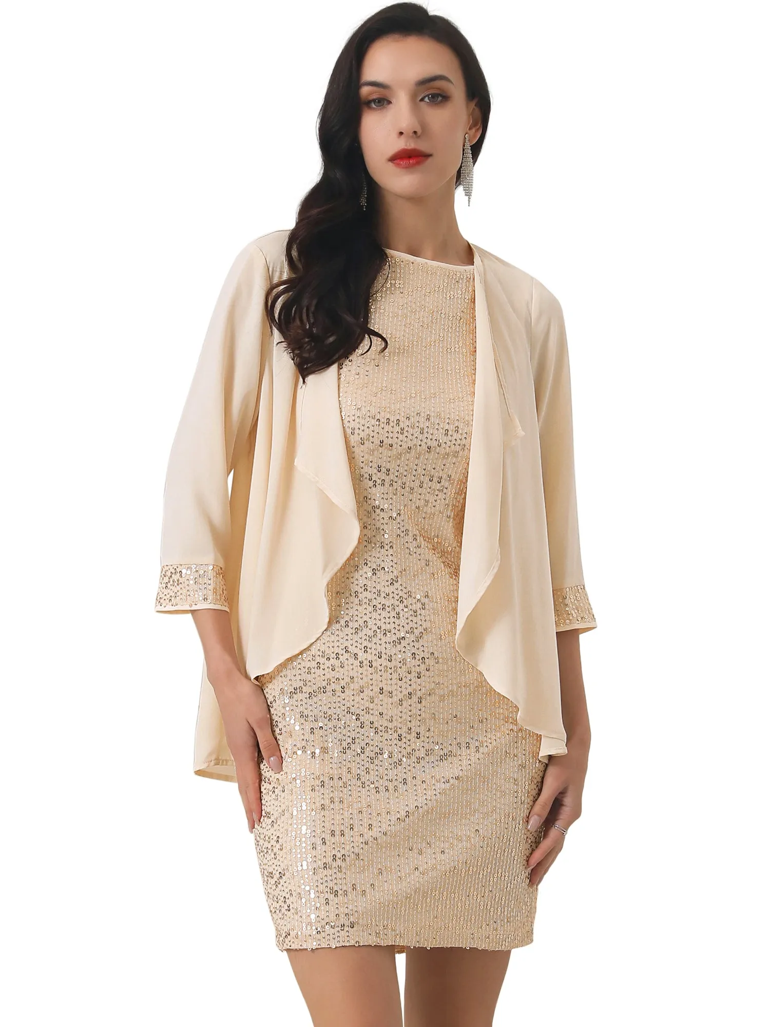 Women's Two Piece Wedding Guest Outfits Sequin Dresses and Open Front Cardigans Set