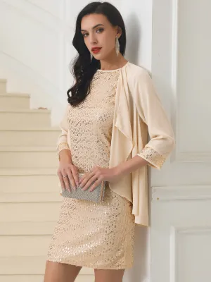 Women's Two Piece Wedding Guest Outfits Sequin Dresses and Open Front Cardigans Set