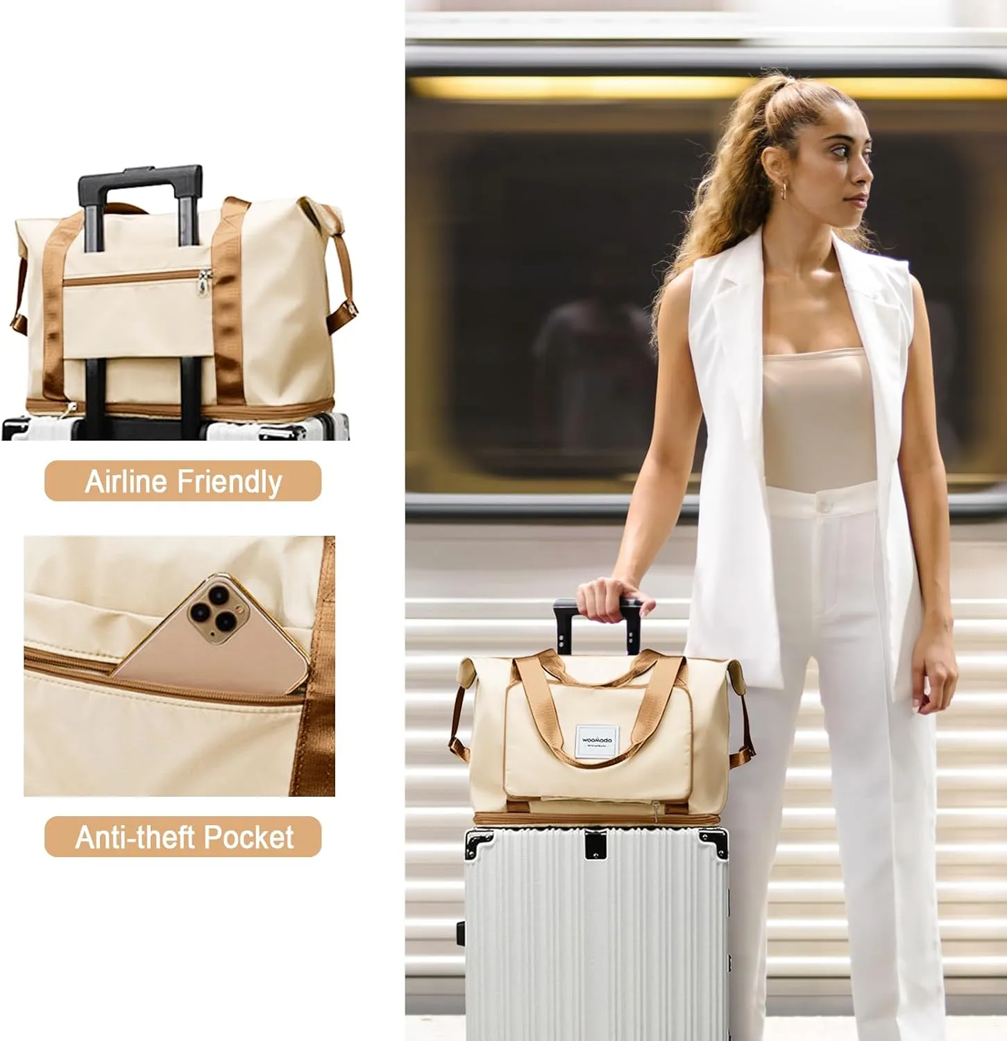 WOOMADA Foldable Travel Duffel, Weekender & Carry-On Bag with Expandable Space