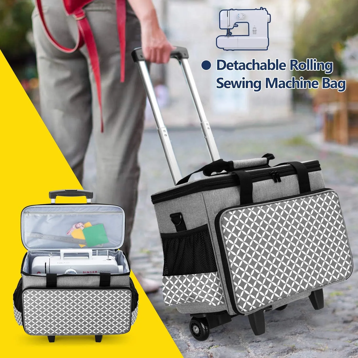 Yarwo Detachable Rolling Sewing Machine Carrying Case, Sewing Quilting Tote Bag with Trolley and Removable Bottom Board for Most Standard Sewing Machine and Accessories, Gray with Grid