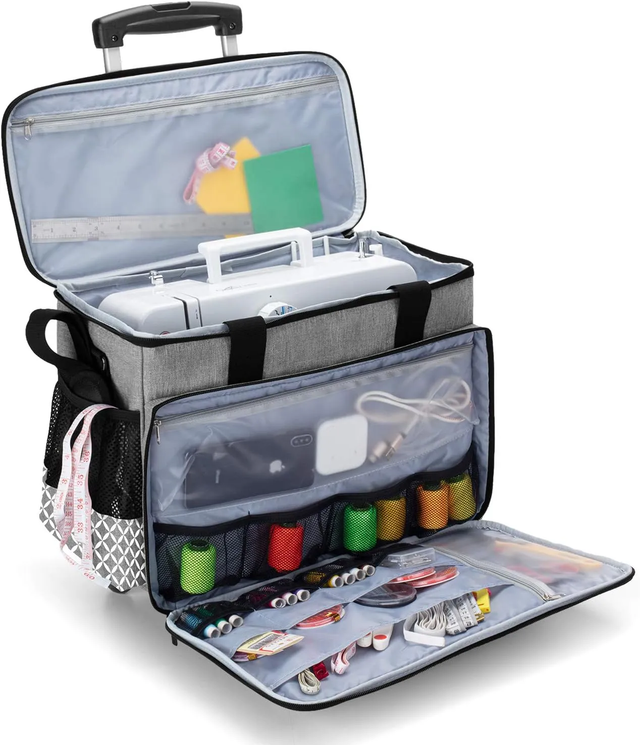 Yarwo Detachable Rolling Sewing Machine Carrying Case, Sewing Quilting Tote Bag with Trolley and Removable Bottom Board for Most Standard Sewing Machine and Accessories, Gray with Grid