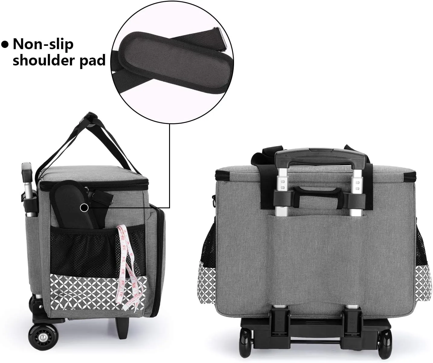 Yarwo Detachable Rolling Sewing Machine Carrying Case, Sewing Quilting Tote Bag with Trolley and Removable Bottom Board for Most Standard Sewing Machine and Accessories, Gray with Grid