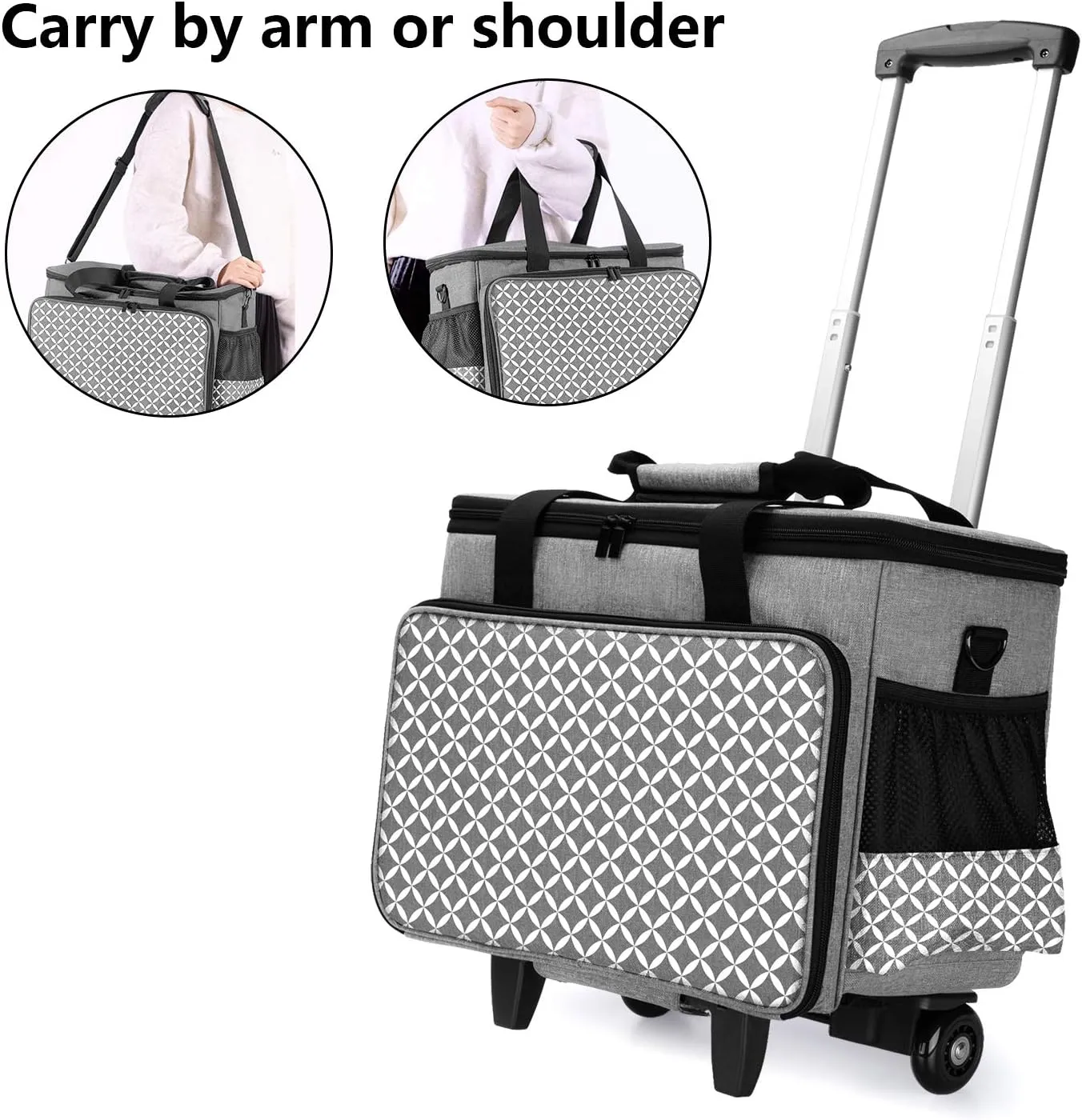 Yarwo Detachable Rolling Sewing Machine Carrying Case, Sewing Quilting Tote Bag with Trolley and Removable Bottom Board for Most Standard Sewing Machine and Accessories, Gray with Grid
