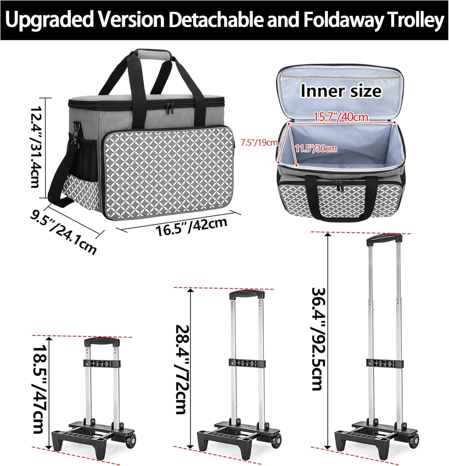 Yarwo Detachable Rolling Sewing Machine Carrying Case, Sewing Quilting Tote Bag with Trolley and Removable Bottom Board for Most Standard Sewing Machine and Accessories, Gray with Grid