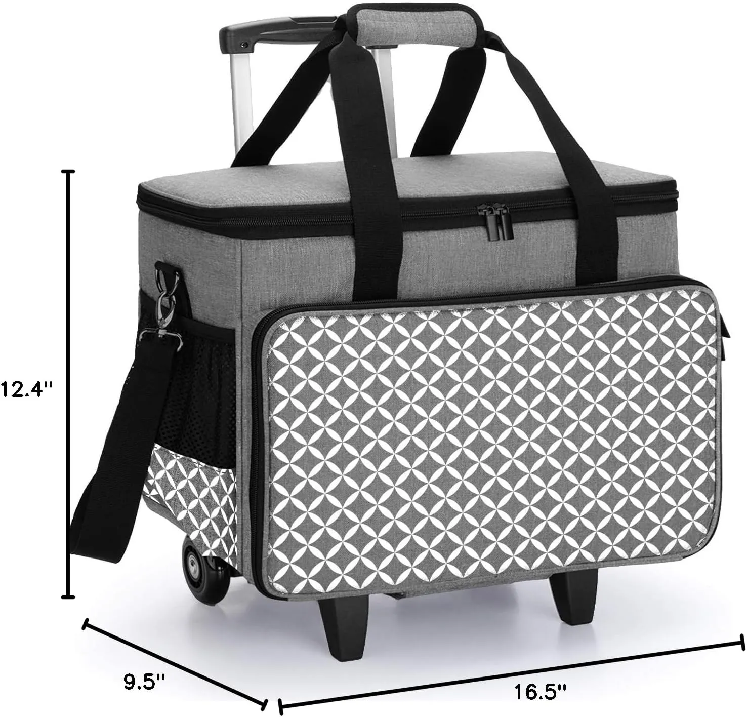 Yarwo   Detachable Rolling Sewing Machine Carrying Case, Sewing Quilting Tote Bag with Trolley and Removable Bottom Board for Most Standard Sewing Machine and Accessories, Gray with Grid