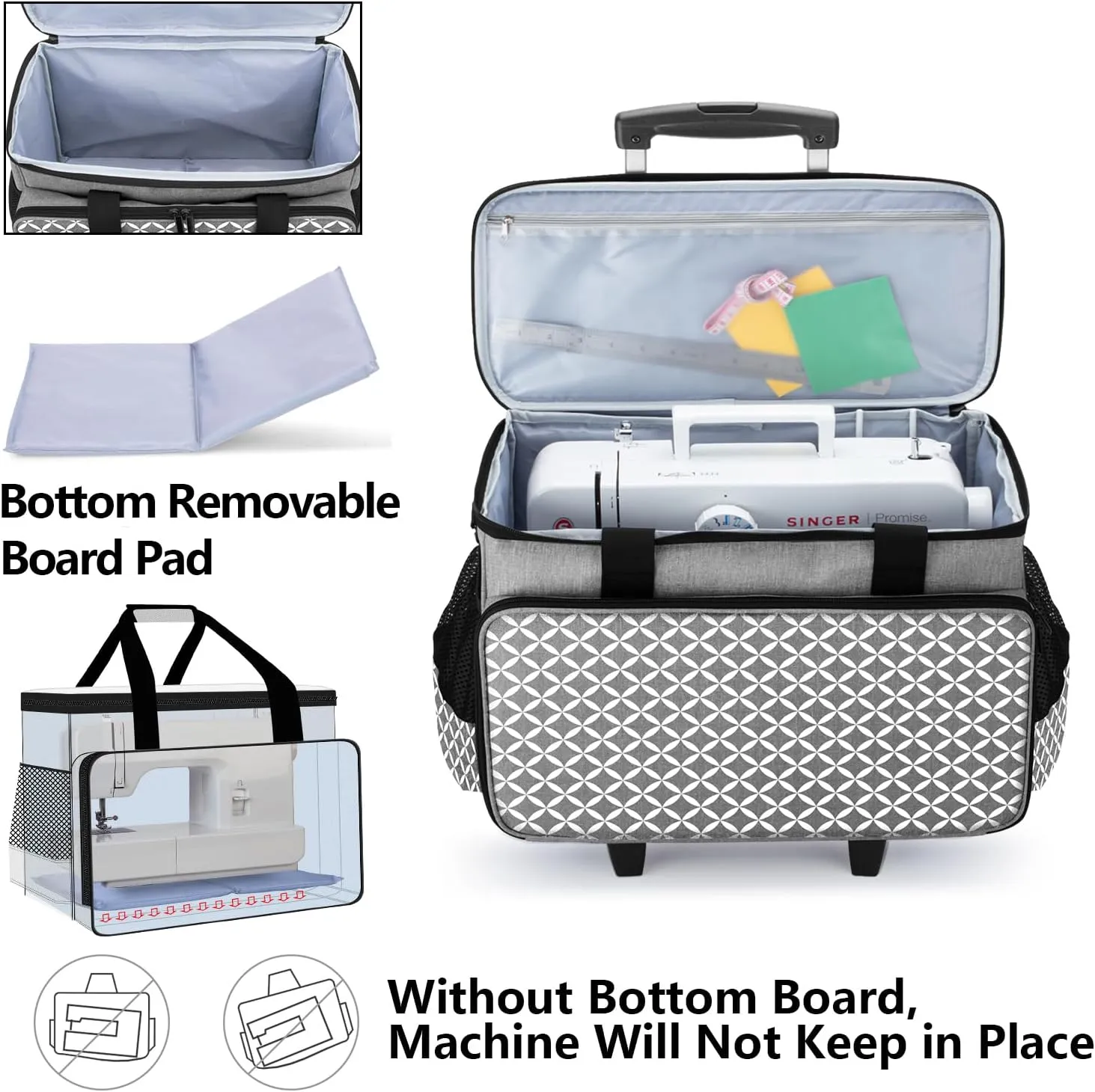 Yarwo Detachable Rolling Sewing Machine Carrying Case, Sewing Quilting Tote Bag with Trolley and Removable Bottom Board for Most Standard Sewing Machine and Accessories, Gray with Grid